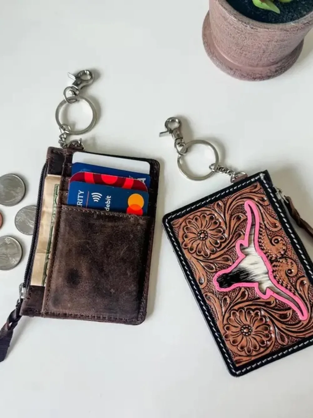 Leather Key & Card Holder with Pink Thunderbird Accent